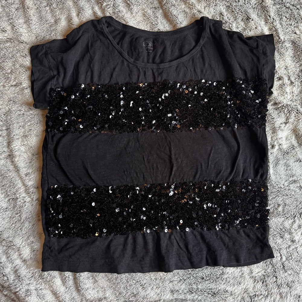 LOFT Black Sequin Short Sleeve Top